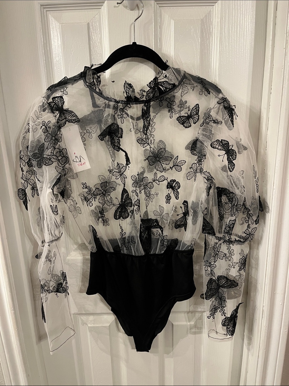 NWT D & M Sheer Black Butterfly Embroidered Bodysuit Top size large